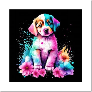 Puppy and flowers Posters and Art